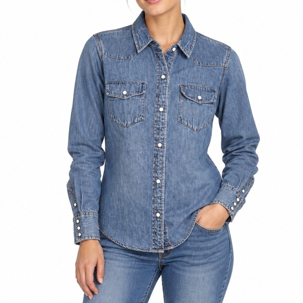 J.Crew Denim Western Shirt Womens Medium Blue Pearl Snap Long Sleeve Casual 5880